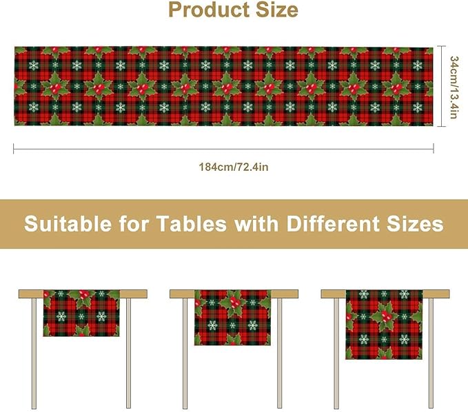 Christmas Table Runner, Red Check Plaid Winter Xmas Holiday Table Cloth Kitchen Dining Table Decoration for Home Party Decor 13x36 Inch