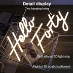 LED Hello Forty Neon Sign 16.5x9.4 inch - Dimmable Wall Decor for 40th Birthday, Bedroom, Office, Beauty Salon with USB Power