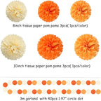 Orange Beige Fall Baby-Shower Party-Decorations - 23pcs Autumn Harvest Thanksgiving Tissue Pom Poms Streamers, Boho Birthday Bridal Wedding Engagement Bachelorette Tassel Garland Banner Decor Ouruola