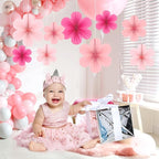 Easy Joy Hot Pink Paper Flowers Decorations for Wall Pink Paper Fans Classroom Decoration Paper Floral Backdrop Decor Paper Fans Decoration Hanging Paper Fans Pink Flower Wall Decor, Set of 9