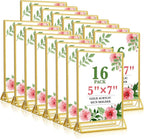 Gold Acrylic Sign Holder 5x7, 16 Pack Wedding Gold Frame Table Number Holders Vertical, Clear Picture Frames Flyer Stands Tables Menu Holder, Double Photo Paper Display Holder for Party, Home, Office