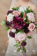 Ling's moment Burgundy Cascading Bridal Bouquet, Marsala Wedding Bouquets for Bride, 13 Inch Birde Bouquet Artificial Wedding Flower Bouquet