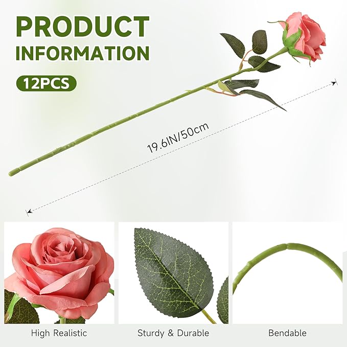 Tifuly Dusty Pink Roses Artificial Flowers -12 Pcs Long Stem Silk Roses, Realistic Fake Roses with Stems for Bridal Bouquets, Home and Office DIY Decor