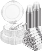 Goodluck 350 Piece Silver Plastic Dinnerware Set for 50 Guests, Fancy Disposable Plates, Include: 100 Silver Rim Plastic Plates, 150 Silverwares, 50 Pre Rolled Napkins, 50 Cups for Party, Wedding