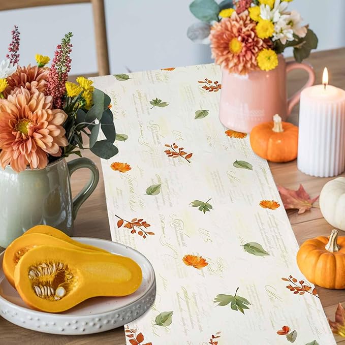 Fall Wildflowers Cotton Linen Table Runner for Dining Kitchen, Thanksgiving Pumpkin Outdoor Party Rustic Tablerunners Decoration,Botanical Floral Vintage Dresser Scarf Tablecloth Runners 13x108 Inches
