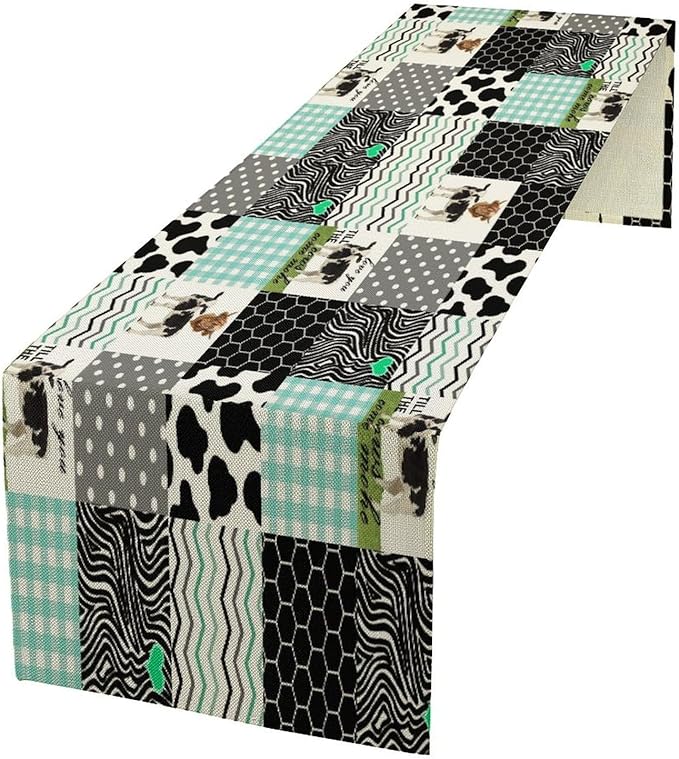 Cute Cow Print Table Runner,Farm Animals Honeycomb Plaid Stripes Cowhide Pattern Tablecloth Burlap for Hotel Indoors Outdoor Dining Room Kitchen Table Decor, 13x108in