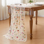 JIALE Champagne Floral Table Runner, Embroidery Daisy Seasonal Table Decorations, 120Inch 10FT 1PC Gold Tulle Fabric for Home Decor, Bridal Shower Wedding, Baby Shower Parties, DIY Craft
