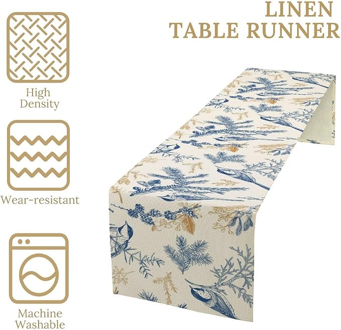 Floral Table Runner,Sketch Birds and Flowers Summer Table Runner Kitchen Dining Table Decoration for Home Party Decor 13x36 Inch
