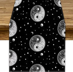 Mystical Celestial Table Runner, Vintage Bohemian Black Yin Yang Symbol Moon Stars Print Table Runner for Office Kitchen Dining Wedding Party Home Coffee Table, 13x60inch
