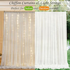 10ft x 7ft Cream White Chiffon Backdrop Curtain with Lights String for Parites Wedding Wrinkle Free Curtain Photo Backdrops Drapes for Baby Shower Birthday Party Home Decorations