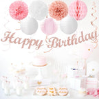 Pink White Rose-Gold Birthday Party-Decorations - 21pcs Happy Banner, Paper Lanterns,Tissue Pom Poms Flower Fan,Honeycomb Ball,Swirl Streamers Garland Supplies Decor Girls Women Huglony