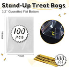 PigPotParty Cellophane Treat Bags 7"x10", 100 Pack Clear Goodie Bags, 3.2" Bottom Gusset for Stand-Up Display, Small Plastic Gift Wrap for Cookies, Candy, Party Favors, Popcorn, Includes 100 Ties