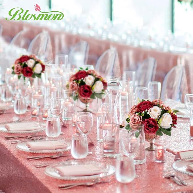 BLOSMON Wedding Flowers Decorations for Table: 6 Pcs Burgundy & Dusty Rose & Creamy White Fake Rose Flowers Balls Centerpieces- Artificial Silk Kissing Floral Arrangements Home Party DIY Decoration