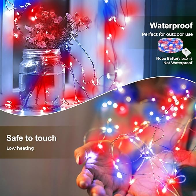 kolpop 30 Pack 4th of July Decor Patriotic Fairy Lights Battery Operated with 3 Modes, Red White Blue Twinkle String Lights Waterproof for Mason Jars Party