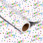 LeZakaa Birthday Wrapping Paper Roll, Happy Birthday Lettering & Colored Polka Dots Design in White for Holiday, Party, Baby Shower, 17 inches x 32.8 Feet (46.45 sq.ft.)