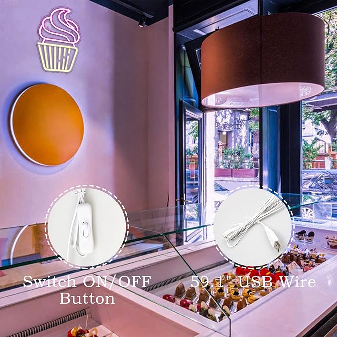 Cupcake Neon Sign Led Pink Warm White Neon Lights for Wall Decor Usb Light Up Signs for Bakery Dessert Shop Resturant Bar Cafe Candyland Party Decorations