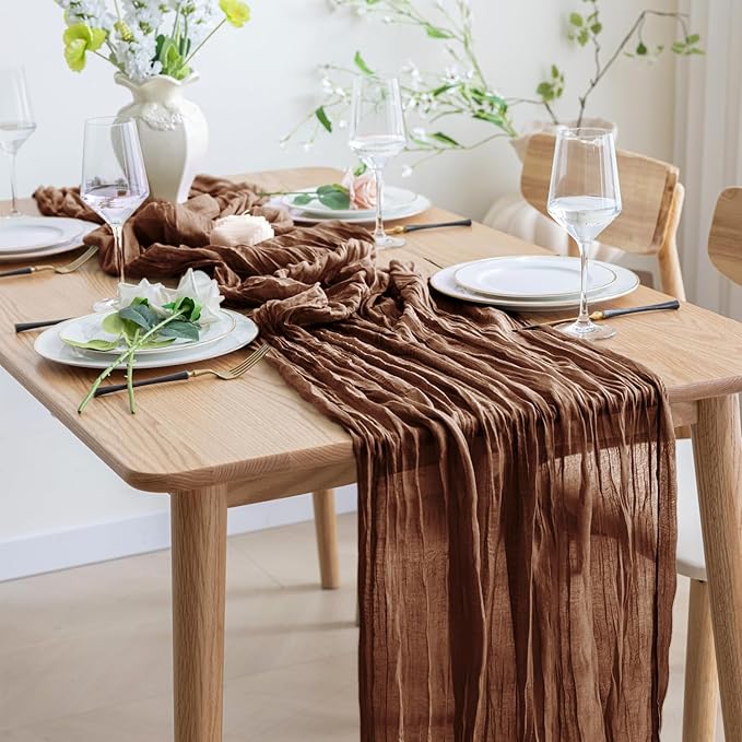 Asee'm Cheesecloth Table Runner 120 Inches Long Brown Boho Gauze Cheese Cloth Runner 10FT Rustic Sheer Fall Table Runners for Thanksgiving Wedding Party Baby Shower Decoration
