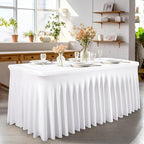6 Pack White Spandex Table Clothes for 8 Foot Rectangle Tables, 8FT Wrinkle Free Fitted Tablecloths Ruffles Design Table Cover for Party, Banquet, Wedding and Events