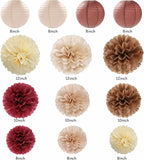 Burgundy Brown Beige Boho Party-Decorations - 20pcs Dusty Pink Fall Birthday Paper Lanterns Fans,Tissue Pom Poms,Honeycomb Balls,Autumn Wedding Bridal Shower Rustic Neutral Baby Decor Burgleda