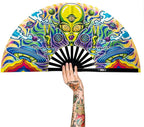 13" Large Rave Fan Bamboo, Folding Clack Hand Fans Foldable for Men Women, Boots on the Ground Poping Fan for EDM Festival Line Dance Decoration, (Alien, Large 13")