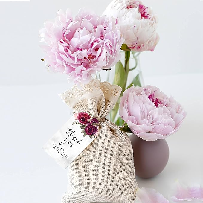 Andaz Press 100-Pack Thank You for Celebrating with Us Favor Tags Burgundy Florals Cardstock Gift Tags with Bakers Twine for Wedding Baby Shower Bridal Shower Birthday Party Favors 2 x 3.75-Inches