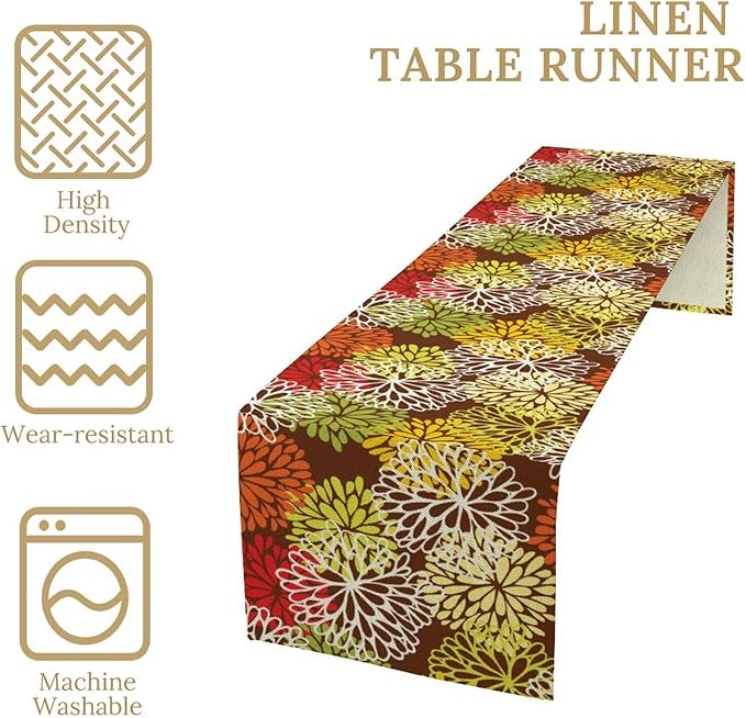 Brown Dahlia Floral Table Runner, Seasonal Autumn Thanksgiving Pattern Print for Home Kitchen Table Decor Dining Coffee Room Party Decor 13x70 Inch