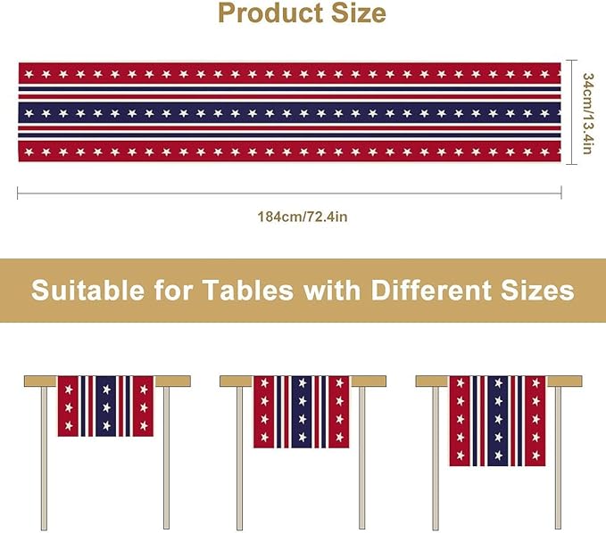 4th of July Table Runner, USA Flag Stars Stripes American Independence Day Red Blue White Stars Lines Print Table Cover for Farmhouse Kitchen Indoor Outdoor Home Party, 13x120inch