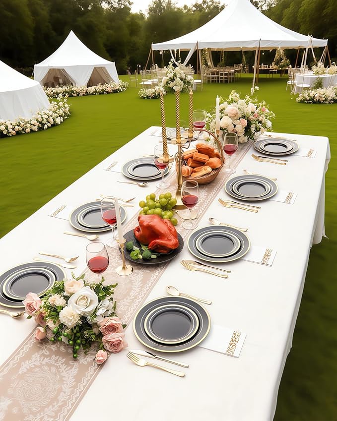 200PCS Black Plastic Plates Set with Gold Rim, 100 10.25 inch Dinner Plates and 100 7.5 inch Dessert Plates, Premium Disposable Plates forfor Party, Wedding, Holiday,And Halloween