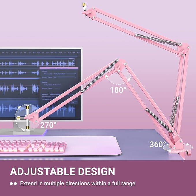 FIFINE Boom Arm Mic Stand, Microphone Arm with Desk Mount for Podcast Streaming Gaming Home Studio, Metal Suspension Scissor Boom Mic Stand-CS1 Pink