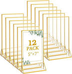 Floroom 12 Pack 5x7 Inch Clear Acrylic Sign Holders, Double-Sided Gold Display Stand Picture Frames for Table Numbers, Menus, Flyers, Weddings, and Offices