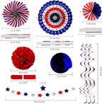 26Pcs 4th of July Decorations Patriotic Decor USA Flag String Red White Blue Paper Fans Star Streamer Pom Poms Hanging Swirls for Memorial Day,Fourth of July,Armed Forces Day,Flag Day