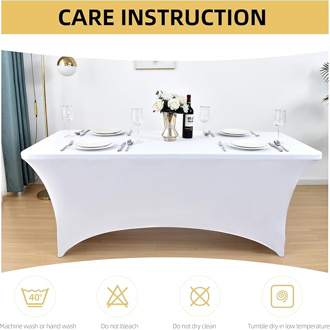 6-Pack 6ft White Spandex Table Covers for Rectangle Standard Folding Tables - Wrinkle Resistant Stretch Tablecloths - Ultimate Fitted Table Protector for Parties, Trade Shows, Wedding