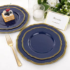 Hioasis 60pcs Blue Plastic Plates - Blue and Gold Disposable Dinnerware with Gold Rim, Heavy-duty, 7.5 inch, Dessert Plates for Party & Wedding