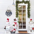 CHDITB Blue Welcome Winter Front Door Sign Wreath(11.4”), Wooden 3D Welcome Home Decoration Wall Hanging with Plaid Bow Snowflake, Farmhouse Christmas New Year Decor for Home Office