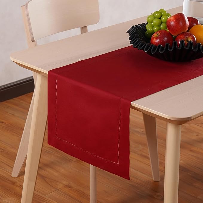 Red Table Runner 48 Inch – Cotton Linen Hemstitch Farmhouse Table Runner 14x48 – Washable Fabric for Dining Table, Spring, Summer, Wedding, Everyday Décor – Serena