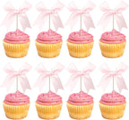 24 PCS Bow Cupcake Toppers Bowknot Coquette Bow Girls Birthday Cake Decorations Bow Cake Toppers Bowknot Cupcake Picks for Baby Shower Birthday Wedding Bridal Engagement Party Supplies Pink