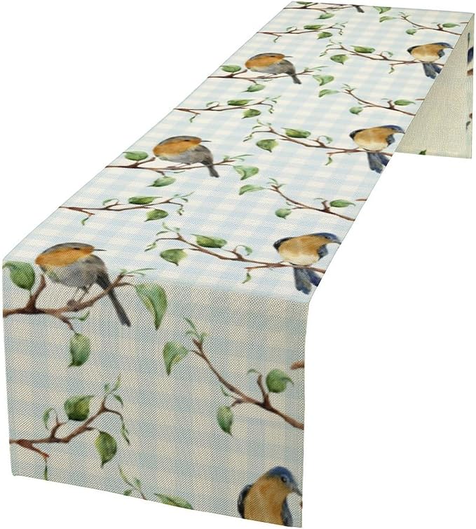 Bird Table Runner,Spring Birds Tree Blue Plaid Print Table Runner for Kitchen Dining Table Decoration Home Party Decor 13x70 Inch