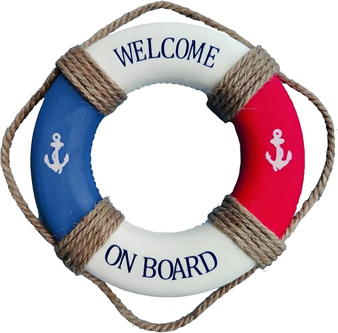 MorroMorn Lifebuoy Wall Hanging Decor - Welcome Aboard Mediterranean Style Home Decoration Hemp Rope (Red & Blue, 20")