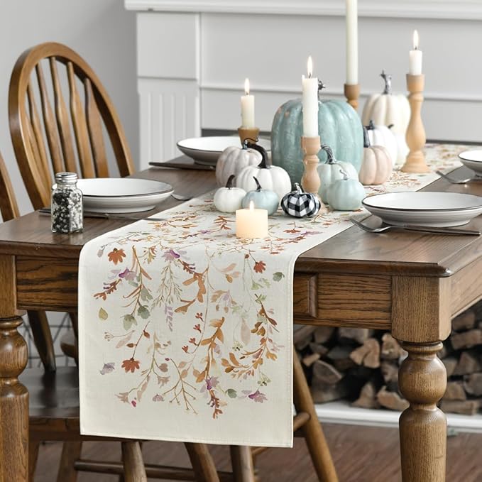 Artoid Mode Floral Leaves Fall Table Runner, Wild Flowers and Grasses Seasonal Autumn Kitchen Dining Table Decoration for Home Party Decor 13x60 Inch