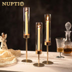 NUPTIO Hurricane Candlestick Holders for Centerpiece: Gold Taper Candles Stick Holders with Clear Glass Chimney - Tall Candleholder Set of 3 for Birthday Party Outdoor Decor