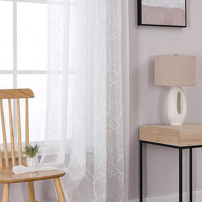 VISIONTEX Sheer Curtains 63 inch Length 2 Panels Set, Decorative White Coral Embroidery, Rod Pocket Embroidered Window Drapes for Living Room and Bedroom, 54" x 63"