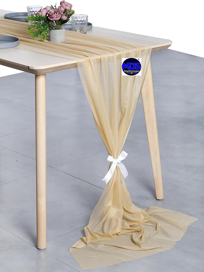 MDS Halloween Chiffon Table Runner - 12 Pack, 29 x 170 Inches, 14ft Each - Sheer Spooky Table Runners for Haunted House Parties, Trick-or-Treat Tables, Witchy Décor, Wedding & Events - Champagne Gold