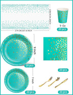 141 Pieces Blue Green and gold Party Supplies, Party Dinnerware Sets Include Paper Plates Napkins Cups Silverware, for Wedding Bridal Shower Engagement Birthday Parties Decoration -20 Serves