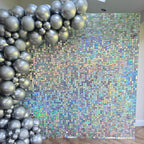 Qcity Iridescent Silver Shimmer Wall Backdrop 36PCS, Black Back Not See-Through Design, Square Sequin Glitter Backdrop Panel, Perfect for Outdoor Events, Birthdays, Wedding and Party Decoration