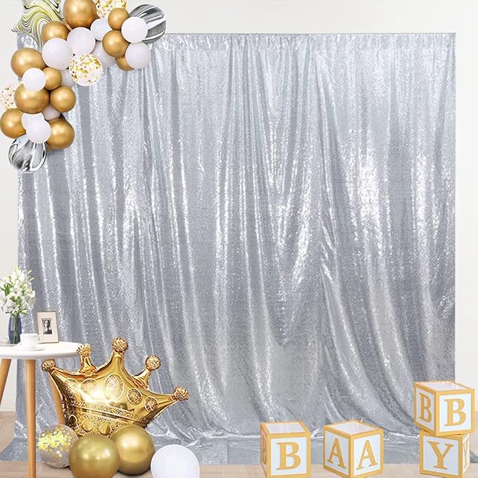 SquarePie Sequin Backdrop Not See Through Thick Stain Background for Photography Glitter Curtain Party 8FT x 8FT Silver