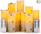 Flameless Flickering LED Candles with Birch Bark Effect - Set of 9 Battery-Operated Real Wax Pillar Candles with 10-Key Remote Control - 2/4/6/8 Hour Timer