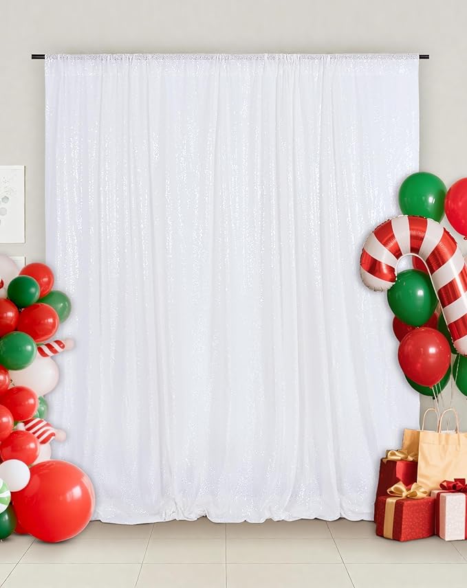 Eternal Beauty White Sequin Backdrop, 6x8 Ft Glitter Background Curtains for Christmas Shimmer Photography Party Wedding Birthday Back Drop Decor