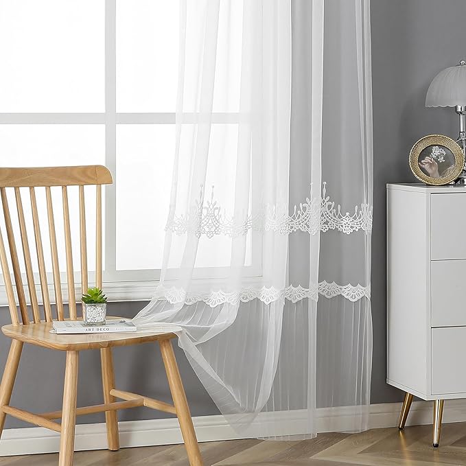 VISIONTEX White Sheer Voile Curtains, Decorative White Embossed European Rod Pocket Window Drapes for Home Kitchen, Living Room and Bedroom 54 x 84 Inch, Set of 2 Curtain Panels
