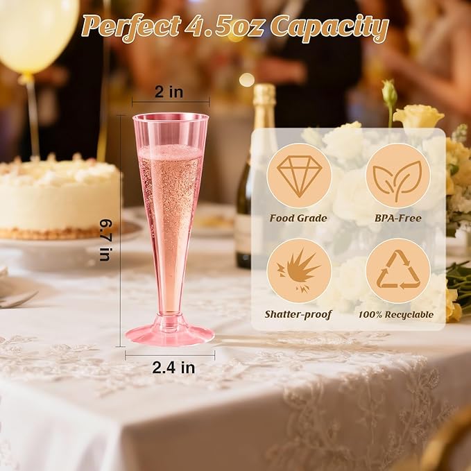100 Pack Pink Champagne Flutes Plastic Wine Glasses Disposable, 4.5 Oz Clear Mimosa Glasses for 2025 Engagement Wedding Birthday New Years Eve Xmas Party Supplies, Bulk Toasting Cocktail Cups