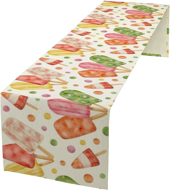 Summer Popsicles Table Runner, Watercolor Colorful Fruit Ice Cream Pops Berry Kiwi Cold Summer Sweet Seasonal Dinner Runner for Party Holiday Home Kitchen Dining Table Decor 13"x90"